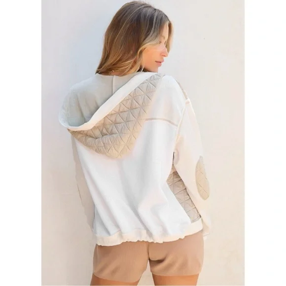 Beige Quilted Textured Patchwork Loose Fit Hooded Jacket - Picture 3 of 8